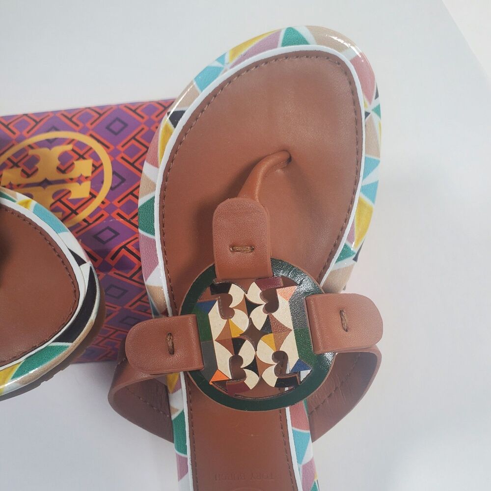 NEW Tory Burch Women’s Sandals Size 7 Brown Multicolor Logo Thong Flip Flop - Picture 2 of 9